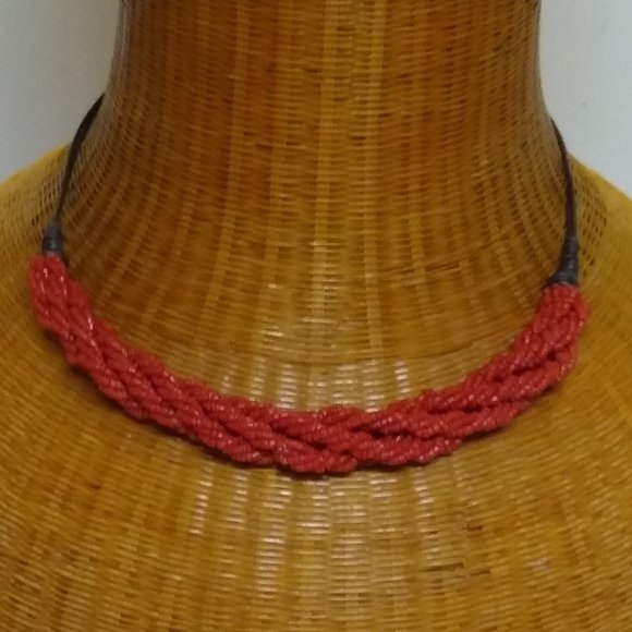 Crimson Beaded Necklace with Leather Wrap Weave Cord - Picture 1 of 5